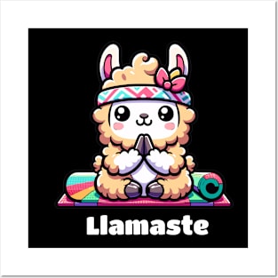 Cute Llama Yoga on Rainbow Exercise mat Posters and Art